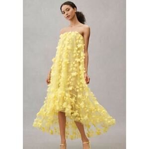 Anthropologie Yellow Strapless Floral Appliqué Maxi Dress